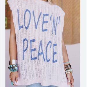 POL White Knit Sleeveless Top with Blue "Love'n' Peace" Text
